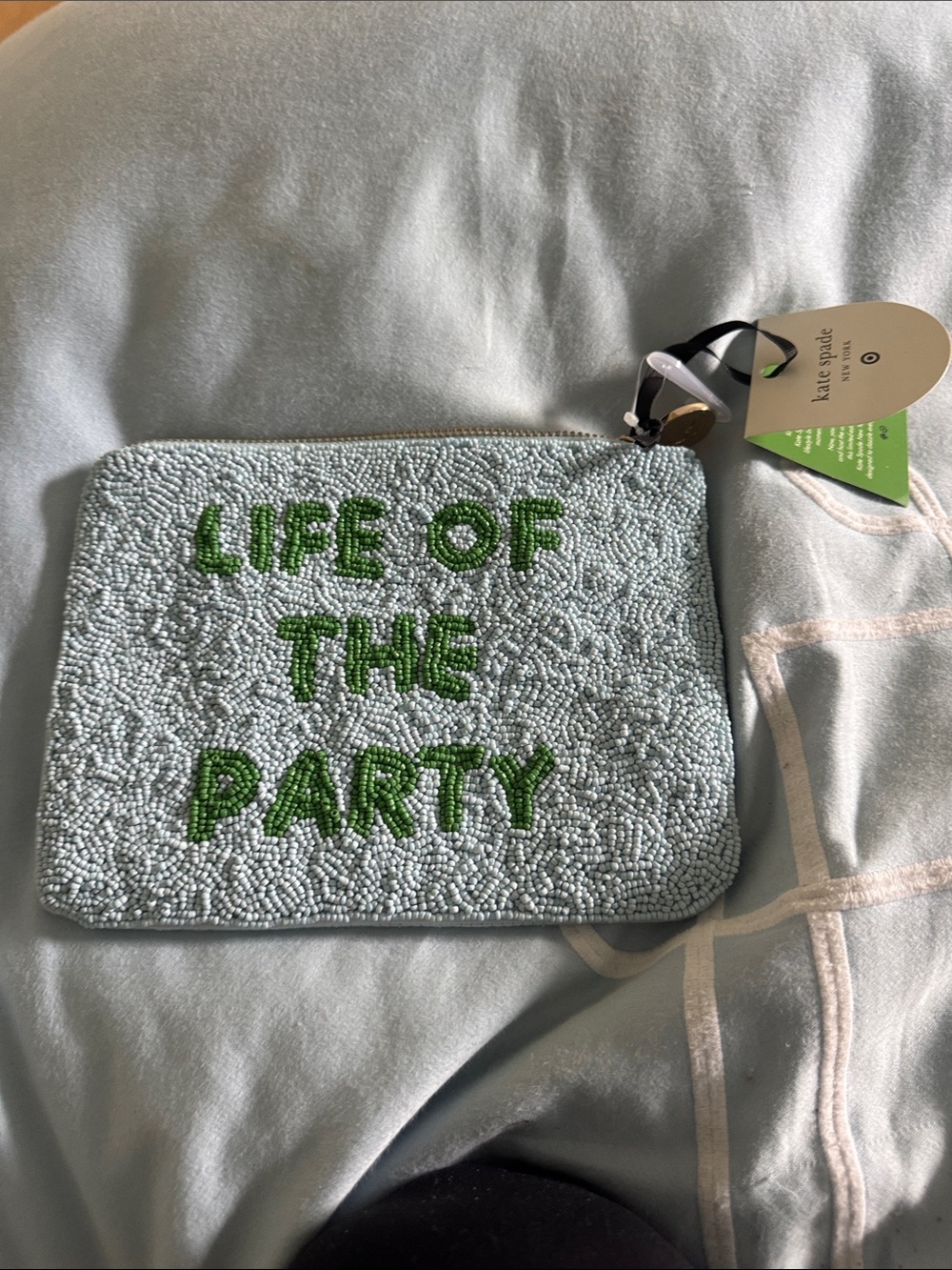 kate spade Pale Blue Beaded Pouch with Green 'LIFE OF THE PARTY'